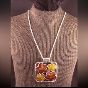 Versatile Silver Tone Spring Fashion Necklace & Brown Tones Flower Pendant 18”